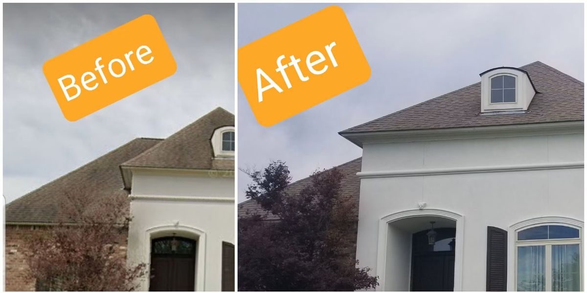 Smilys Softwash — before and after of a soft-washed roof and house exterior